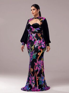 NWT MISSORD Cutout Lantern Sleeve Mermaid Sequin Dress XXL